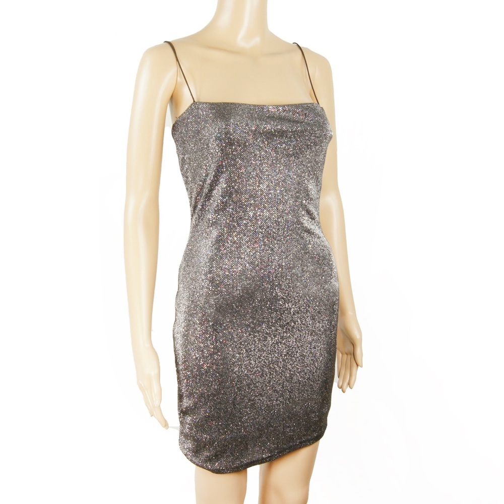 Vintage Silver Glitter Spaghetti Strap Mini Dress